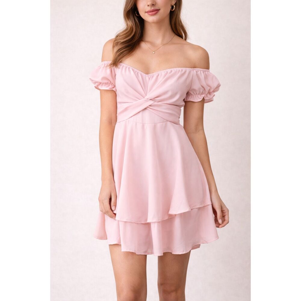 Pink Off Shoulder Mini Dress Ruffle Sleeve Fit Flare Skater Dress NWOT S